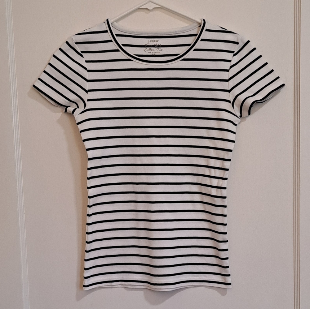 J.Crew Fine Ribbed Cotton Striped Tee – Women’s XS (White & Blue)